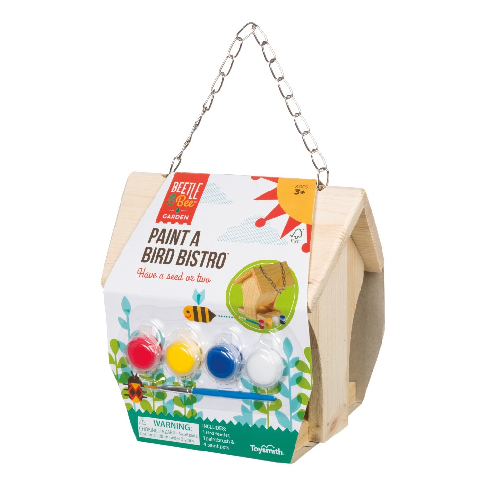 Toysmith Beetle & Bee Build & Paint A Bird Bistro - DIY Kid Art Craft Outdoor Birdhouse Kit, 5.25" x 7" x 6.5", Fully Assembled to Decorate- 4 Paints, 1 Brush, Chain for Tree Hanging, Age 3+