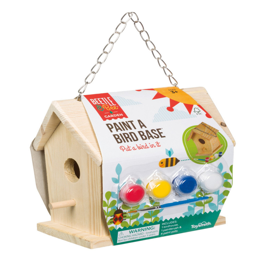 Toysmith Beetle & Bee Paint A Bird Base - DIY Kid Art Craft Outdoor Birdhouse Kit, 5.25" x 7" x 6.5", Fully Assembled to Decorate- 4 Paints, 1 Brush, Chain for Tree Hanging, Age 3+