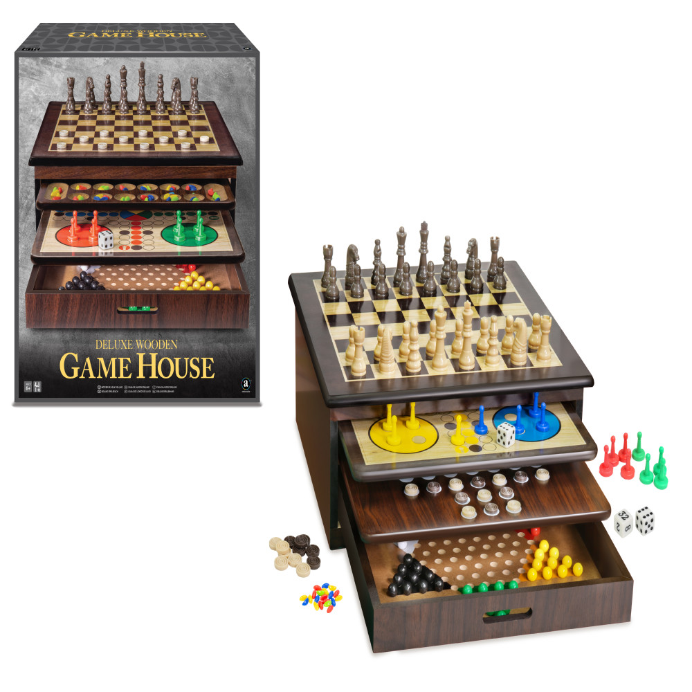 Craftsman Deluxe Wooden Game House w/ Chess, Checkers, Backgammon, Mancala, Snakes & Ladders, Chinese Checkers and more - For Kids Ages 6+