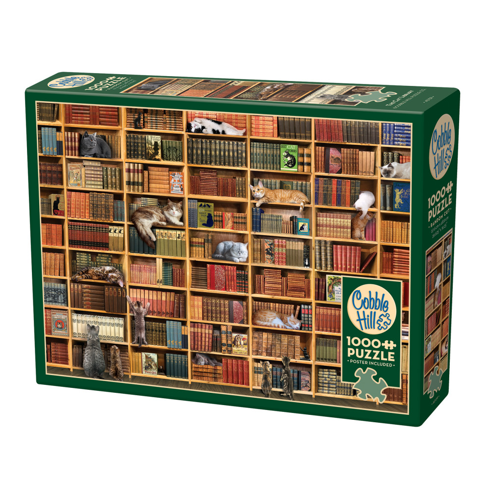 Cobble Hill 1000 Piece Puzzle: The Cat Library - Reference Poster Included, High Quality Jigsaw, Earth Friendly