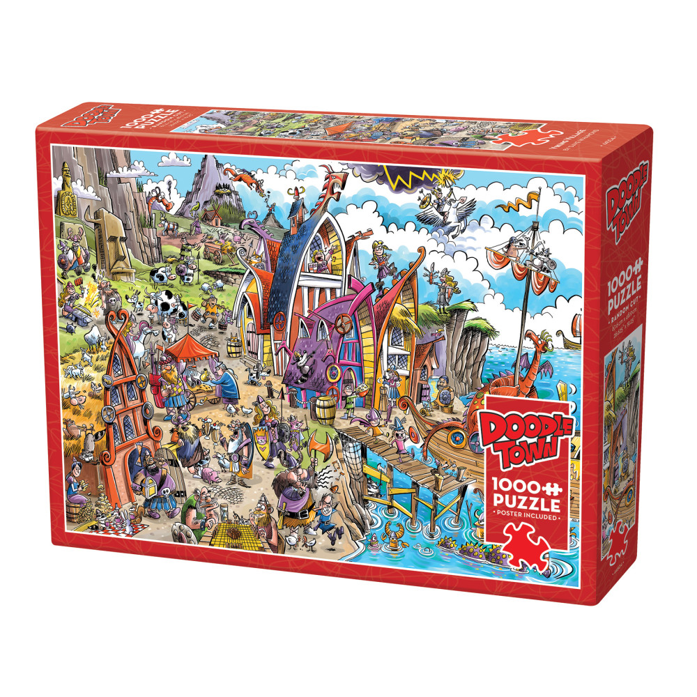 Cobble Hill DoodleTown: Viking Village - 1000 Piece Puzzle - Reference Poster Included, High Quality Jigsaw