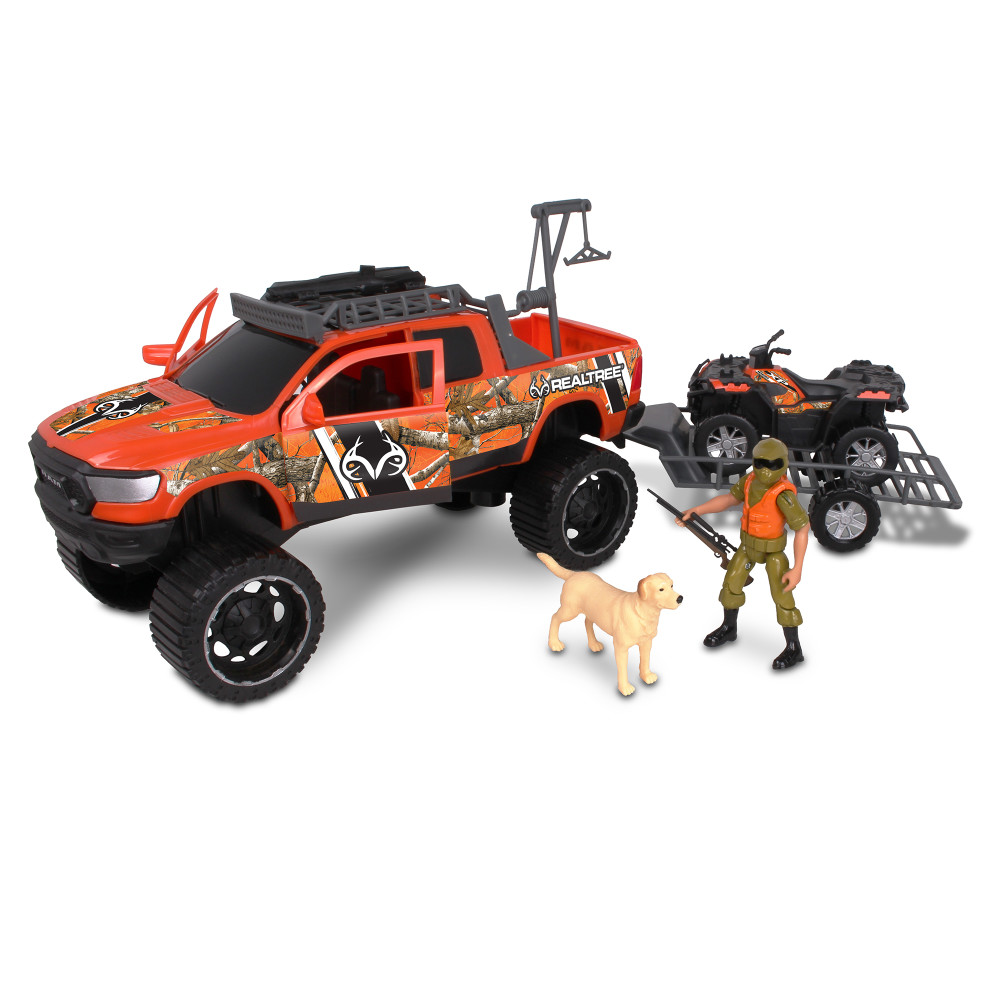 RealTree 10pc Hunting Playset: Ram 1500 w/ Dog - NKOK 1:18 Scale, Set w/ Rebel Truck, Polaris ATV, Trailer & More