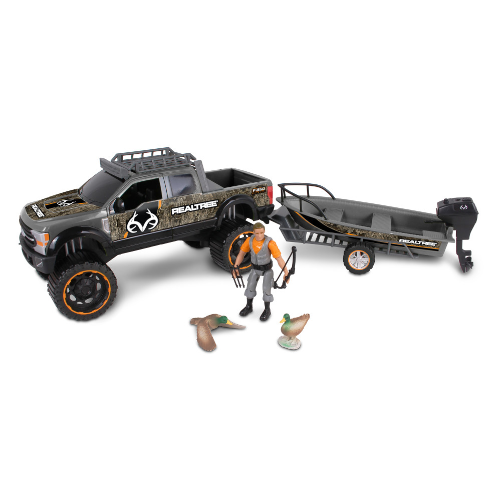 RealTree 10pc Hunting Playset: Ford F250 w/ Ducks - NKOK 1:18 Scale, Set w/ Hunter, Truck, Fishing Boat, Trailer & More