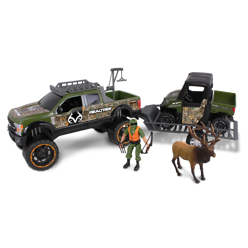 RealTree 10pc Hunting Playset: Ford F250 w/ Elk - NKOK 1:18 Scale, Hunter, Truck, Polaris Ranger UTV, Trailer & More