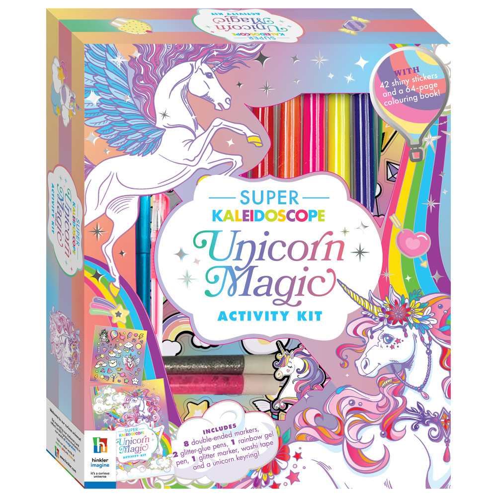 Super Kaleidoscope - Unicorn Magic Activity Kit - Fantasy Themed Coloring Book with Glitter Stationery and Stickers - Unicorn Keyring - Arts and Craft Kits for Kids Aged 6 to 8
